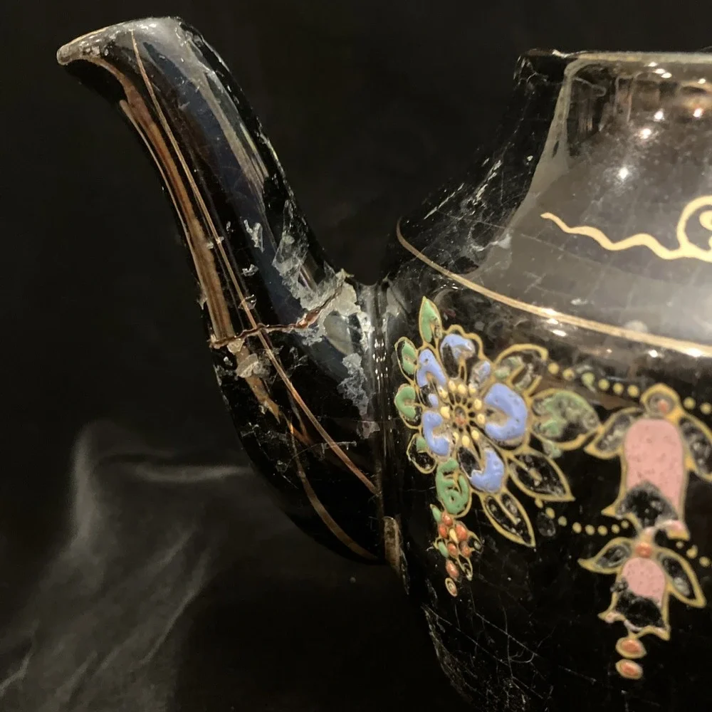 Hand Painted VTG Black Teapot Gold Trim Moriage Raised Dots Japan Glued Spout